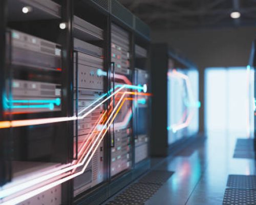 Modern dark data center, focus on the foreground, 3D render Modern dark data center, focus on the foreground, 3D render